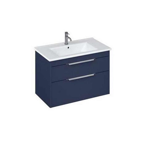 Britton Shoreditch matt blue wall hung vanity unit with two drawers and white basin
