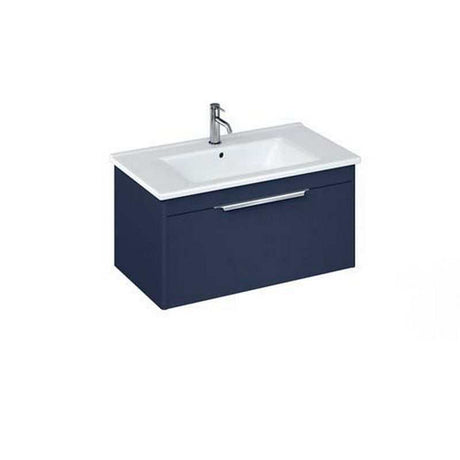 Britton Shoreditch matt blue wall hung vanity unit with single drawer and white basin