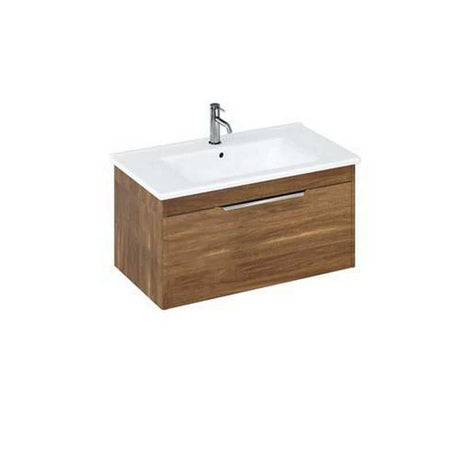 Britton Shoreditch wall hung caramel vanity unit with single drawer and white basin
