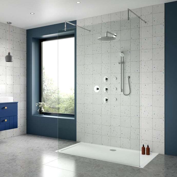 Modern bathroom with Nuie Arvan Thermostatic fixed head rainfall shower, body jet concealed mixer, and sleek glass shower enclosure