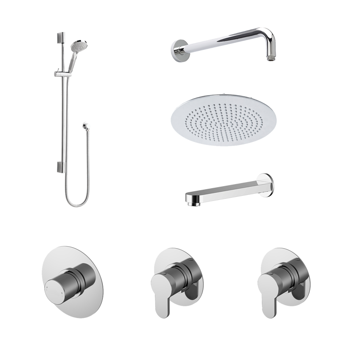 Nuie Arvan thermostatic bath spout concealed mixer shower kit with fixed shower head and stop tap in sleek chrome finish