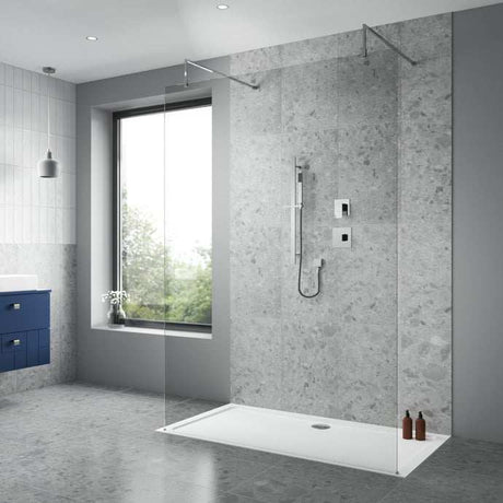 Modern bathroom with Nuie Windon Shower Kit featuring thermostatic concealed mixer, stop tap, handheld showerhead, and sleek chrome finish