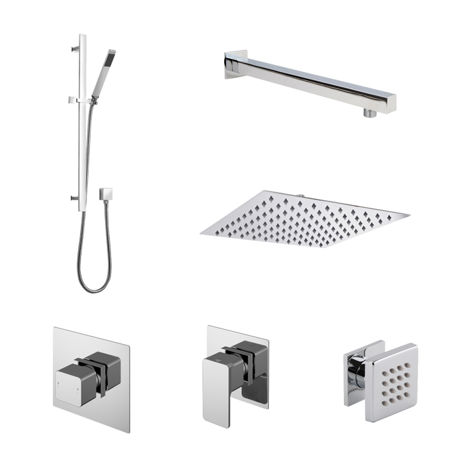 Nuie Windon Thermostatic concealed mixer shower kit with fixed head, body jet, stop tap, and handheld shower in chrome finish