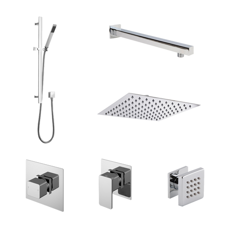 Nuie Windon Thermostatic concealed mixer shower kit with fixed head, body jet, stop tap, and handheld shower in chrome finish