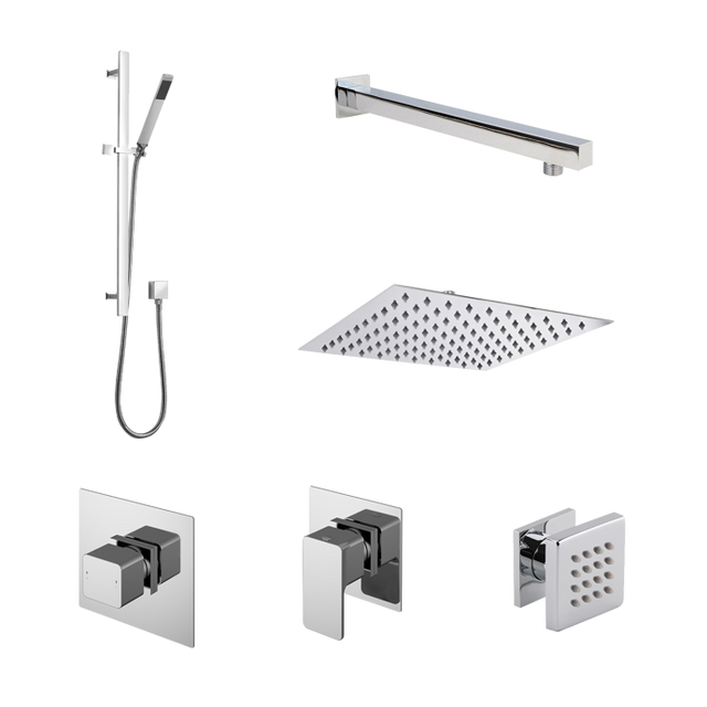 Nuie Windon Thermostatic concealed mixer shower kit with fixed head, body jet, stop tap, and handheld shower in chrome finish