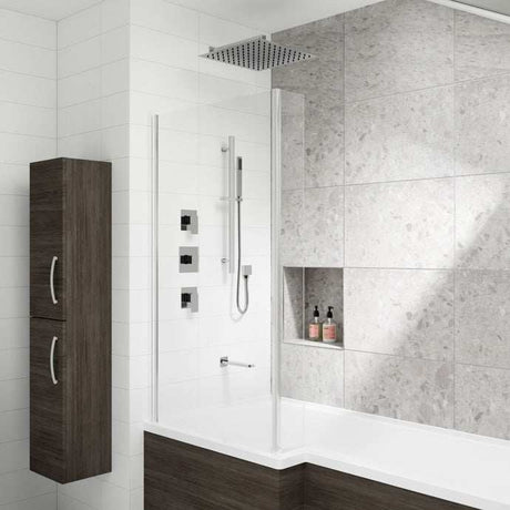 Modern bathroom featuring Nuie Windon Diverter single handle manual concealed chrome shower valve installed on white tiled wall above bathtub