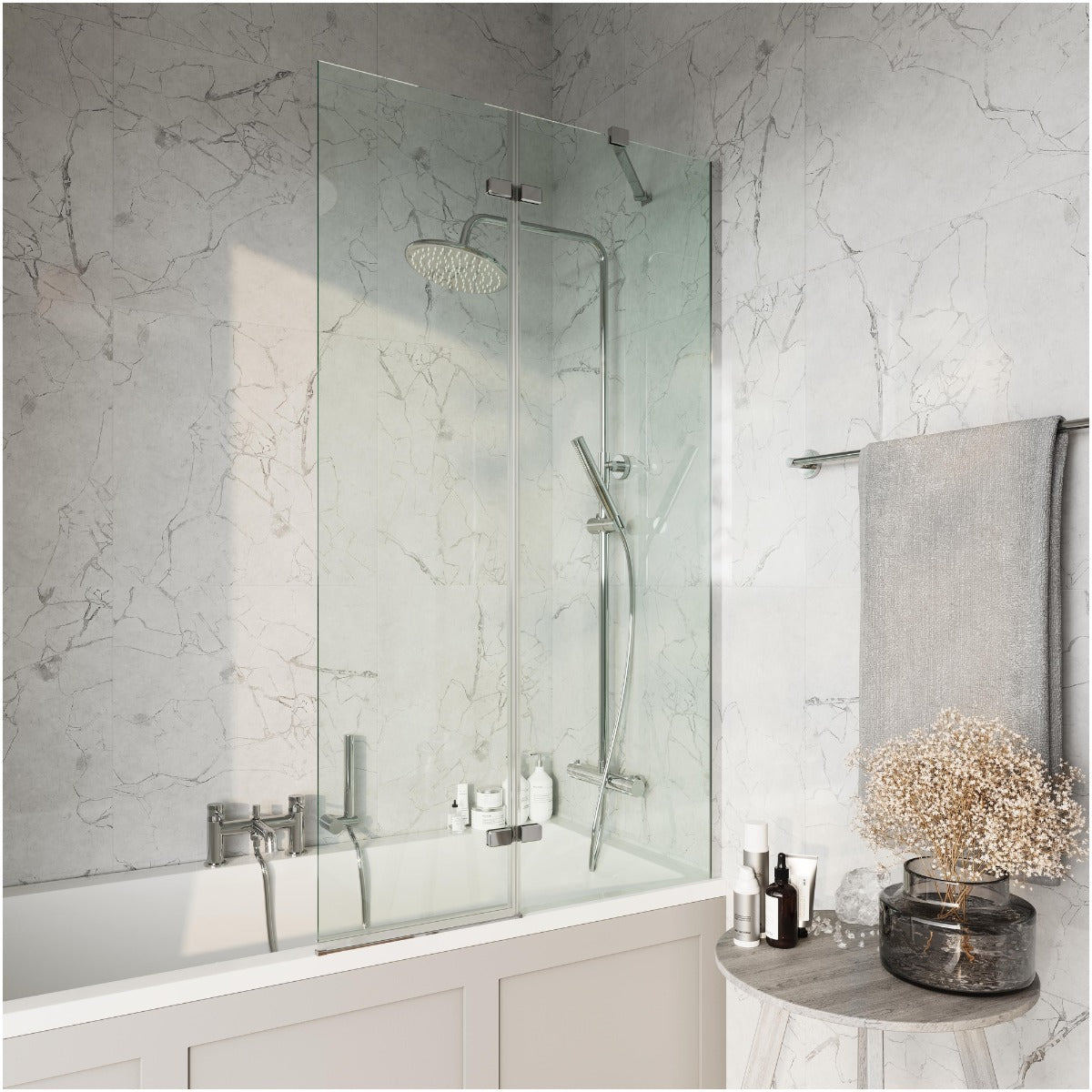 Scudo Square Bath Screen with Fixed Panel 900mm - Chrome - SCREEN006