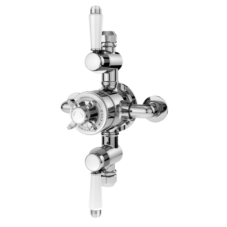 Nuie Selby triple handle thermostatic exposed shower valve in chrome finish for precise temperature and water flow control