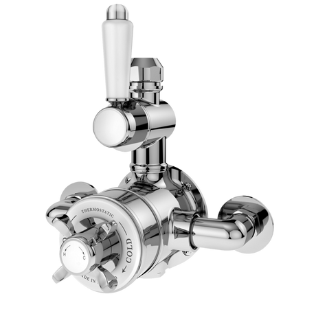 Nuie Selby thermostatic dual handle exposed shower valve in chrome finish for precise temperature and water flow control.