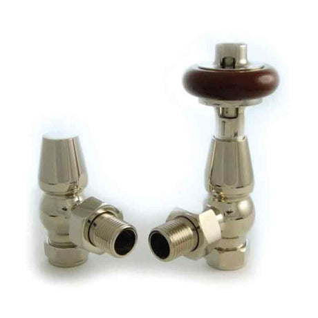 Towelrads Angled TRV and Lockshield - Polished Nickel with Brown Handle - 121068