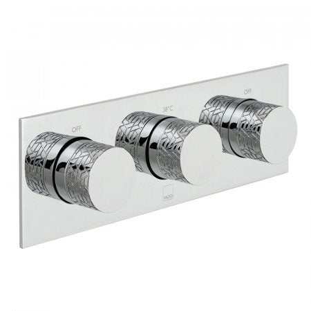 Vado Omika Two Outlet chrome three-handle horizontal thermostatic shower valve with tablet design