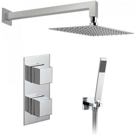 Vado 2 Handle 2 Outlet Concealed Thermostatic Shower Valve Package in chrome with square showerhead and handheld showerhead