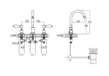 JTP Grosvenor Lever 3 Hole Basin Mixer - Chrome - GB85191