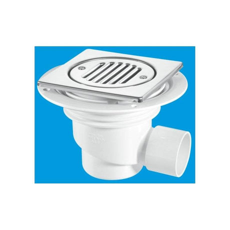 Mcalpine 150mm Square Polished Stainless Steel 75mm Water Seal Gully with Horizontal Outlet for Tiled or Stone Floors - TSG1T6SS