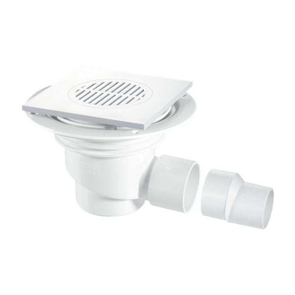 Mcalpine 150mm Square White ABS 75mm Water Seal Gully with Horizontal Outlet for Tiled or Stone Floors - TSG1T6WH