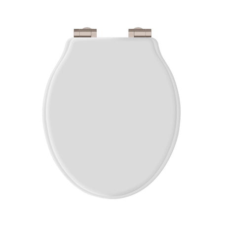 Launde Abbey Victrion White Matt Toilet Soft Close Seat -  Brushed Nickel