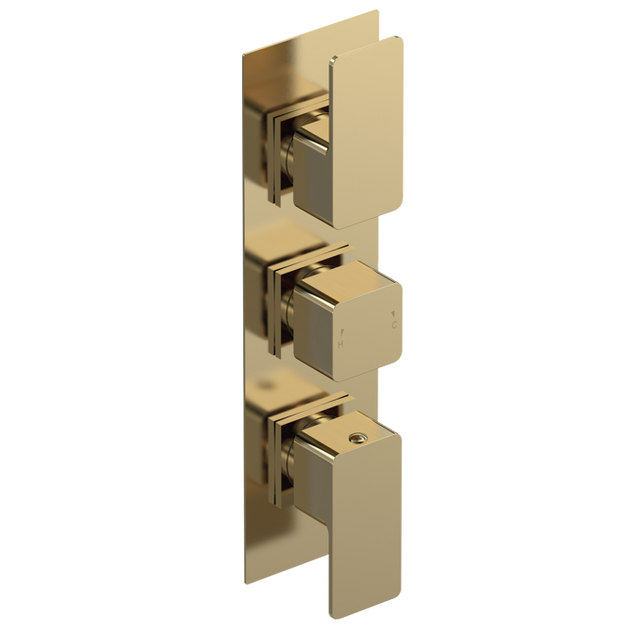 Nuie Windon Diverter triple handle thermostatic concealed shower valve in brushed brass finish