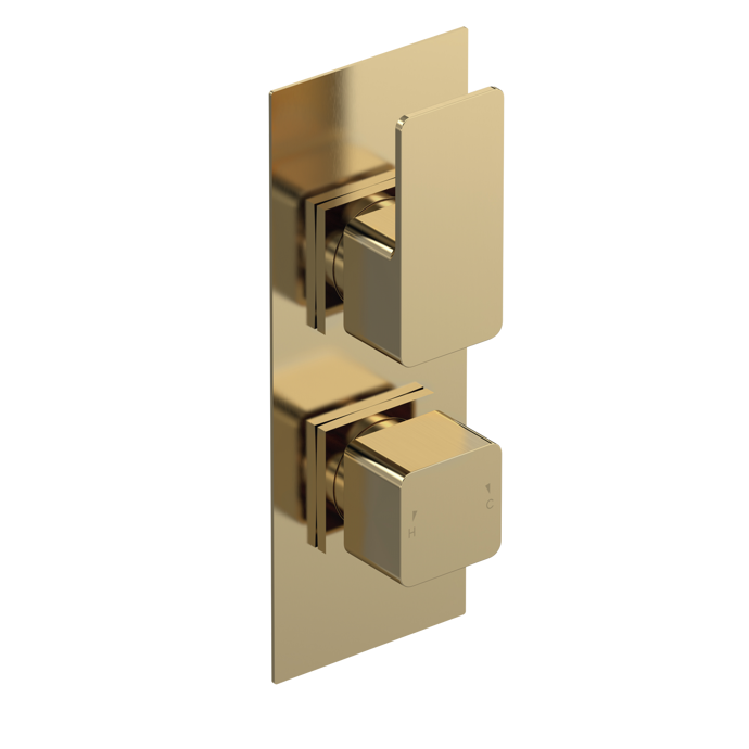 Nuie Windon Dual Handle Thermostatic Concealed Shower Valve in brushed brass with sleek modern design