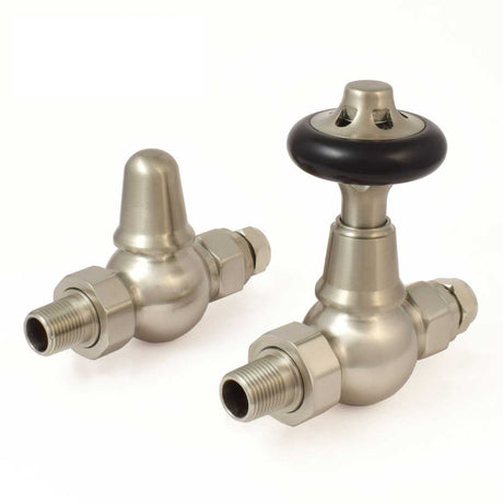 West Admiral Straight Thermostatic Radiator Valves Pair and Lockshield - Satin Nickel