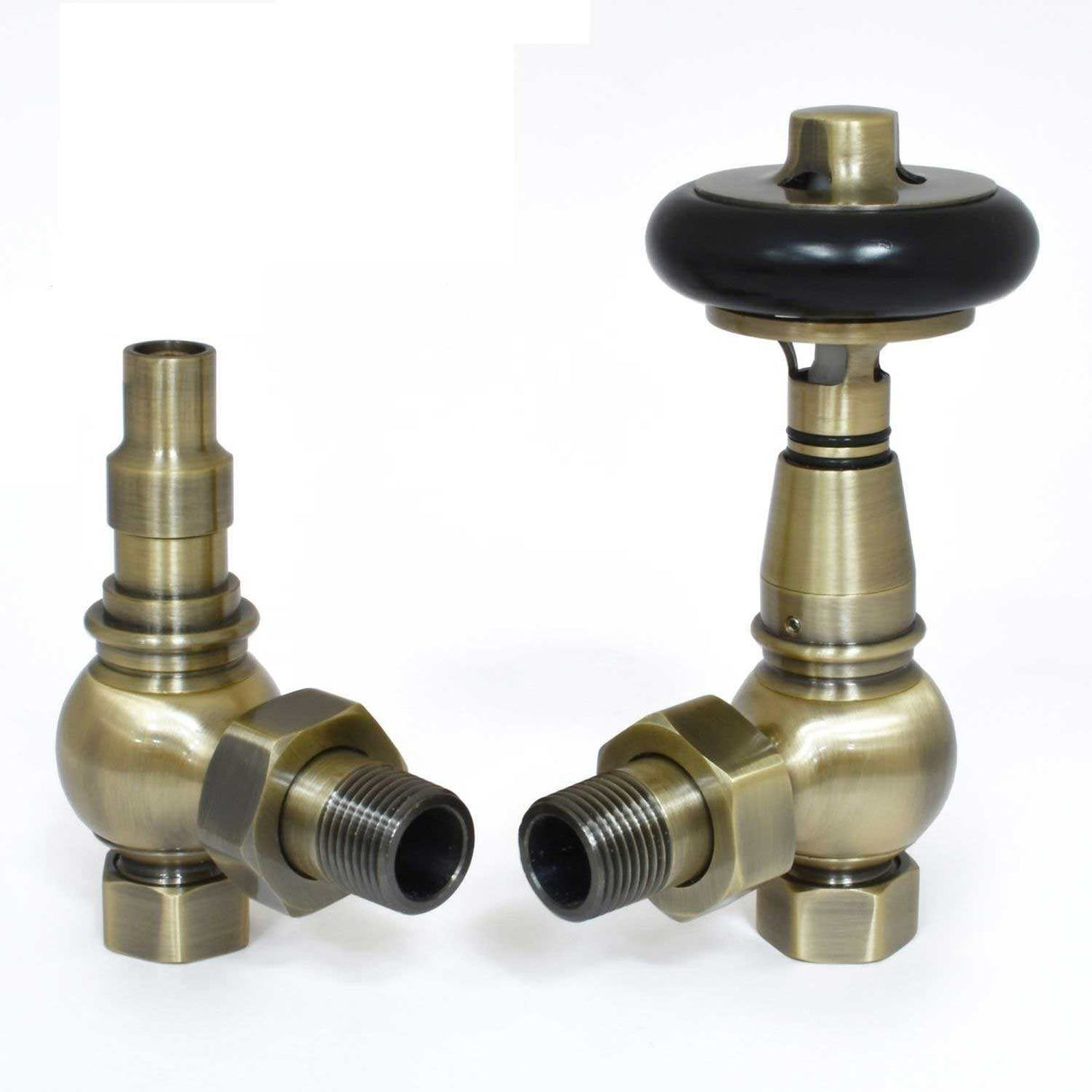 West Amberley Angled Thermostatic Radiator Valves Pair and Lockshield - Antique Brass