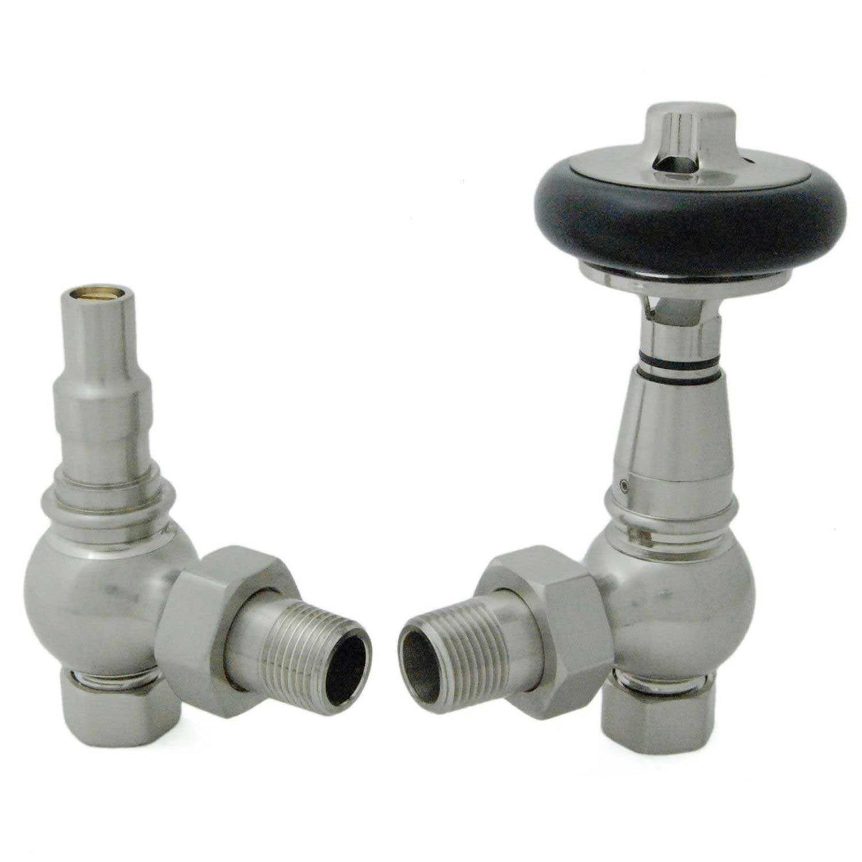West Amberley Angled Thermostatic Radiator Valves Pair and Lockshield - Satin Nickel