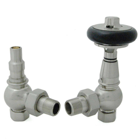 West Amberley Angled Thermostatic Radiator Valves Pair and Lockshield - Satin Nickel