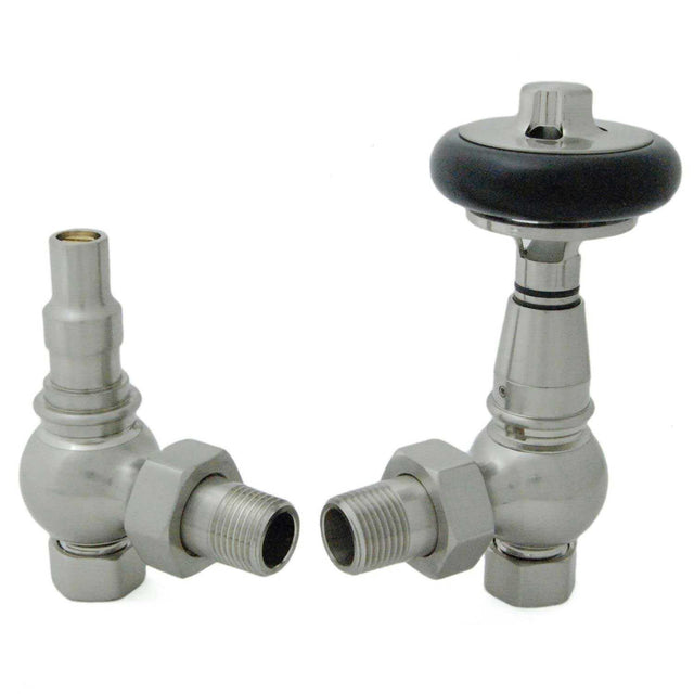 West Amberley Angled Thermostatic Radiator Valves Pair and Lockshield - Satin Nickel