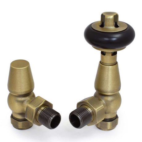 West Faringdon Angled Thermostatic Radiator Valves Pair and Lockshield - Old English Brass