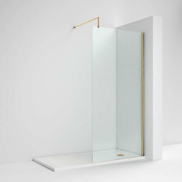 Nuie 8mm Glass Wet Room Screen 1850mm High x 1100mm Wide with Support Bar - Brushed Brass - WRSCBB011