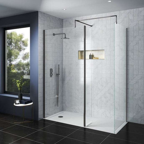 Modern bathroom with Nuie Arvan Dual Handle thermostatic concealed shower valve in matt black and glass shower enclosure