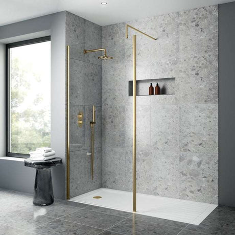 Modern bathroom with Nuie Outer Framed 8mm glass wetroom screen and brushed brass support bar