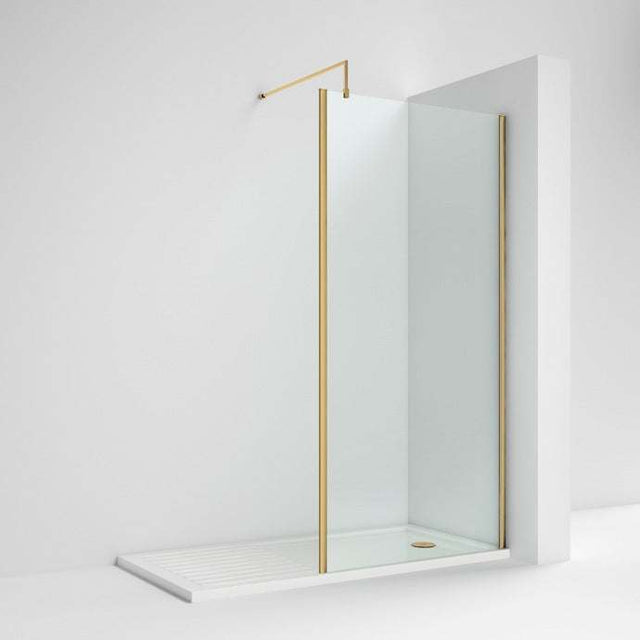 Nuie Outer Framed 8mm Glass Wetroom Screen 800mm Wide x 1850mm High with Support Bar - Brushed Brass - WRSCOBB80