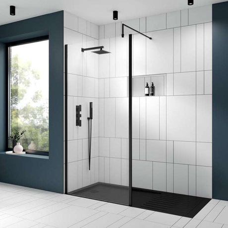 Modern bathroom with Nuie Windon Thermostatic triple handle concealed shower valve in matt black, rainfall showerhead, and glass shower enclosure