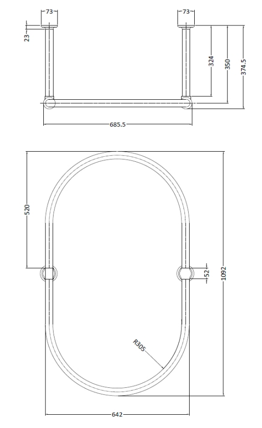 Bayswater Cicero Oval Shower Curtain Ring - Chrome - BAYA003 - 686mmx375mmx1092mm