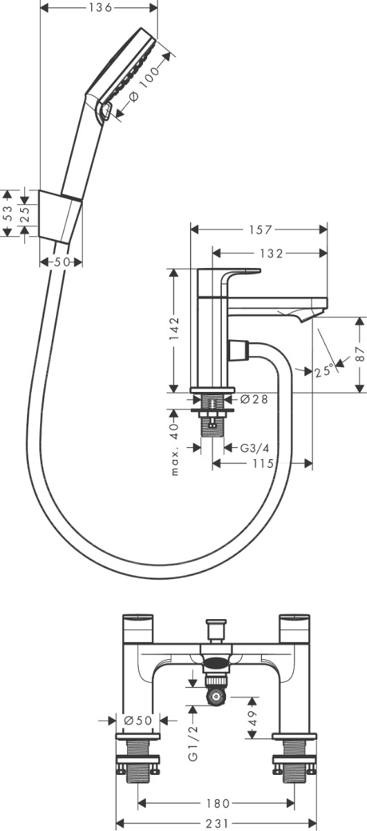 Hansgrohe Rebris S 2-hole Rim Mounted Bath Mixer With Diverter Valve - Matt Black -72447670