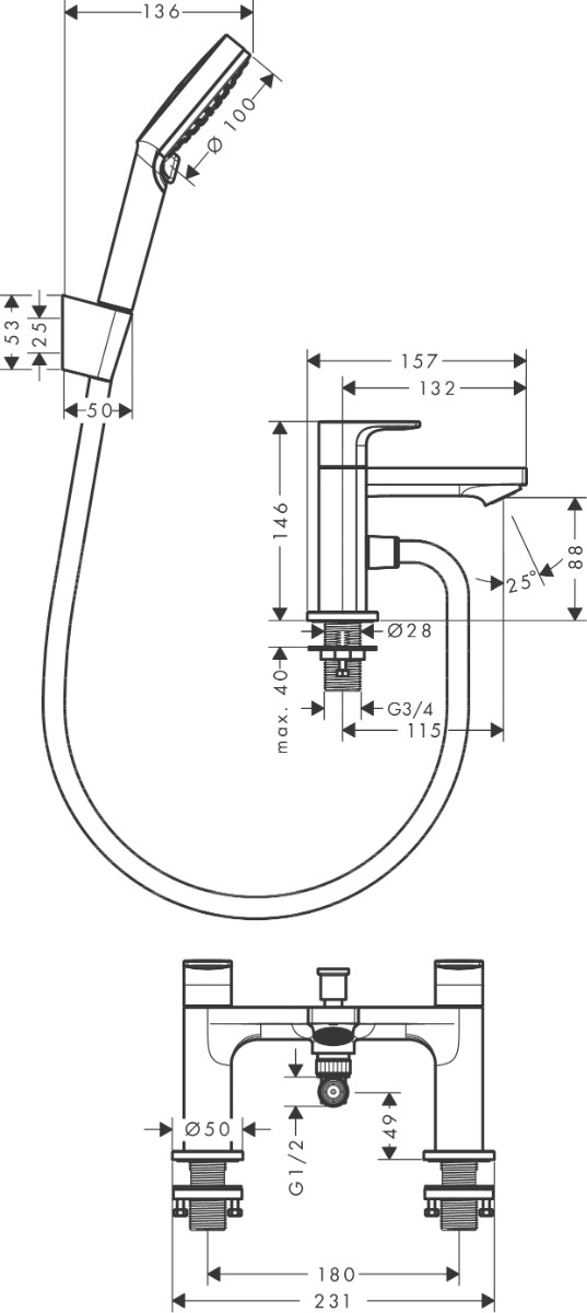 Hansgrohe Rebris E 2-hole Rim Mounted Bath Mixer With Diverter Valve - Matt Black - 72481670