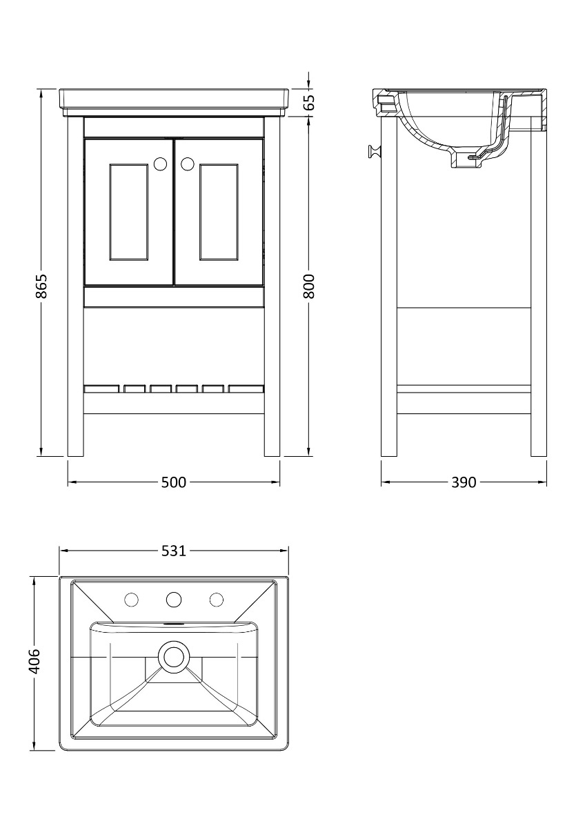 Hudson Reed Bexley Floor Standing 2 Door 1 Shelf Vanity & 3 Tap Hole Fireclay Basin 500mm - Satin White - BEX123B