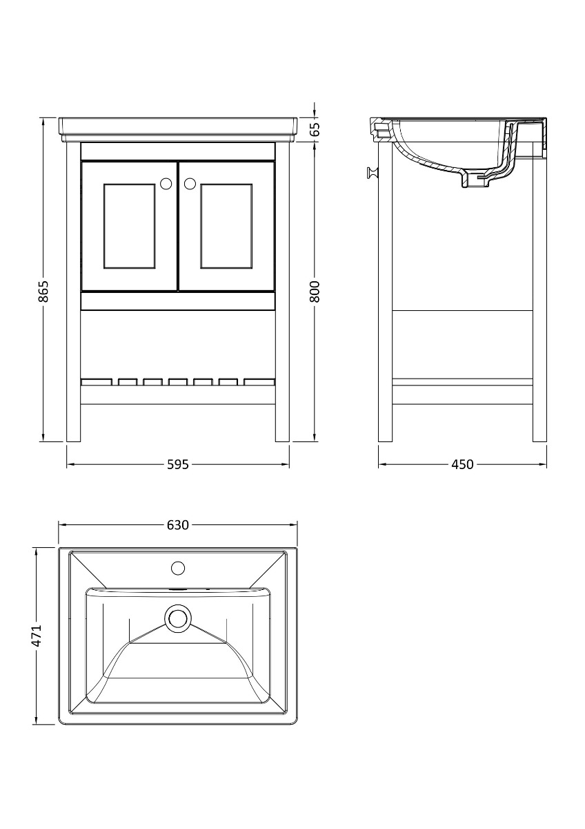 Hudson Reed Bexley Floor Standing 2 Door 1 Shelf Vanity and 1 Tap Hole Fireclay Basin, 600mm - Pure White - BEX125A