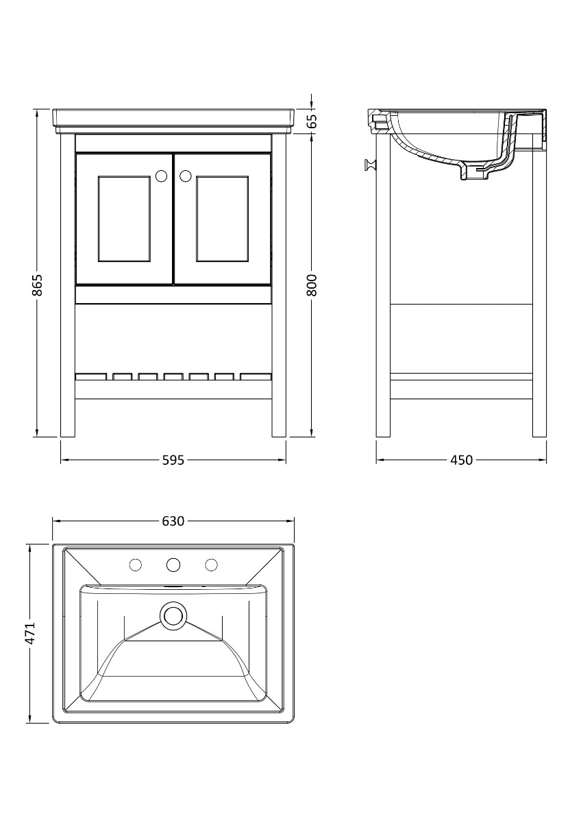 Hudson Reed Bexley Floor Standing 2 Door 1 Shelf Vanity & 3 Tap Hole Fireclay Basin 600mm - Satin White - BEX125B