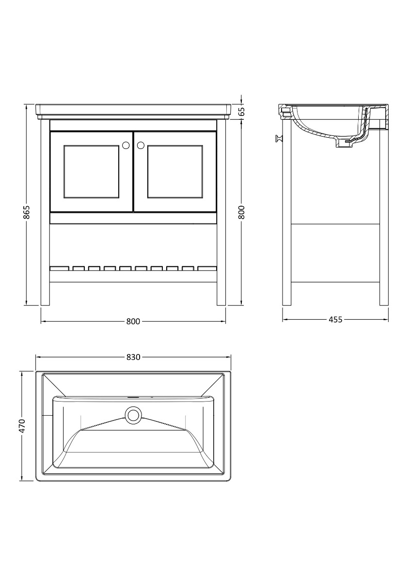Hudson Reed Bexley Floor Standing 2 Door 1 Shelf Vanity & 0 Tap Hole Fireclay Basin 800mm - Satin White - BEX127H