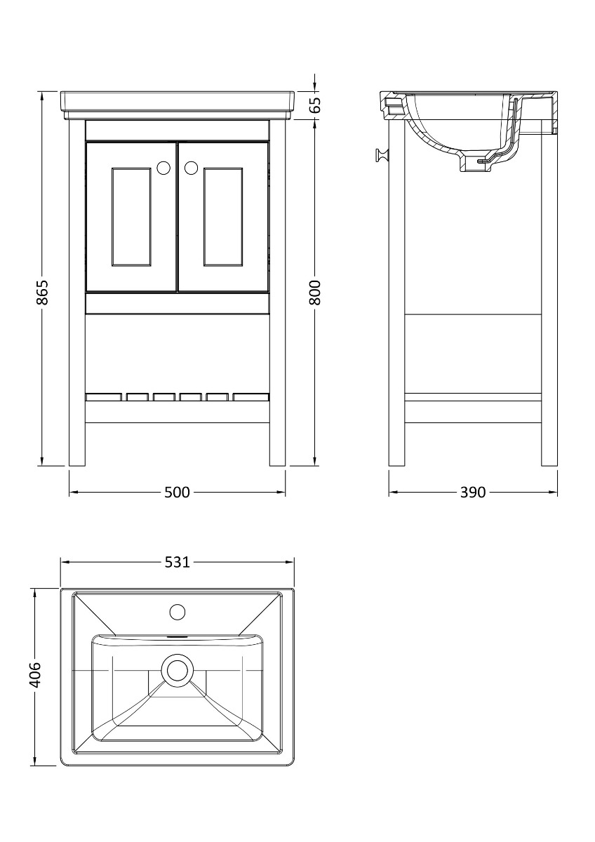 Hudson Reed Bexley Floor Standing 2 Door 1 Shelf Vanity and 1 Tap Hole Fireclay Basin 500mm - Cool Grey - BEX223A