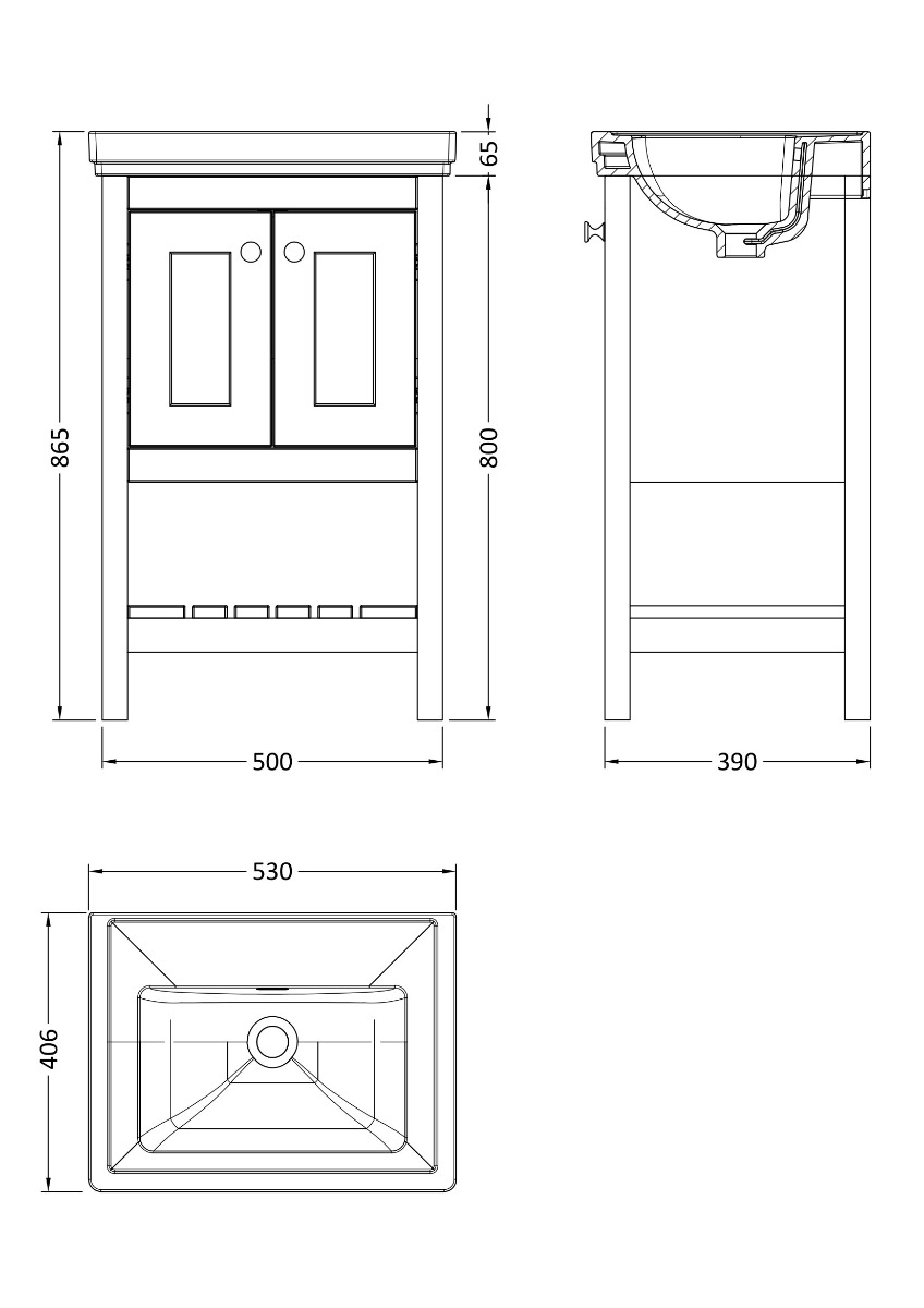 Hudson Reed Bexley Floor Standing 2 Door 1 Shelf Vanity & 0 Tap Hole Fireclay Basin 500mm - Matt Green - BEX823H