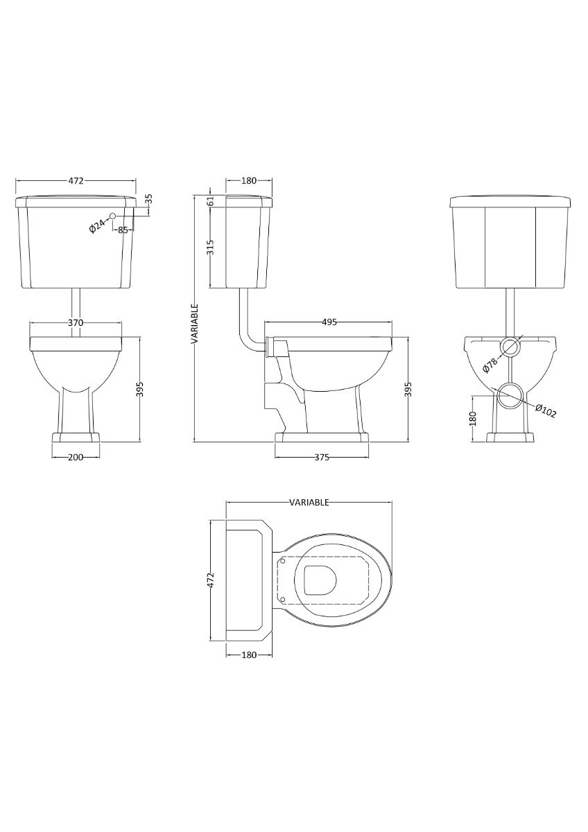 Launde Abbey Carlton Low Level Pan with Cistern and Flush Pipe Kit - White