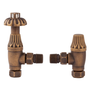 Bayswater Fluted Angled Thermostatic Radiator Valves Pair and Lockshield Antique Brass BAY1134