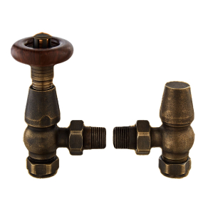 Bayswater Rounded Angled Thermostatic Radiator Valves Pair and Lockshield Antique Brass BAY1131
