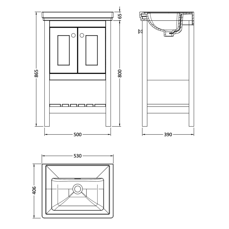 Hudson Reed Bexley Floor Standing 2 Door 1 Shelf Vanity & 0 Tap Hole Fireclay Basin 500mm - Pure White - BEX123H