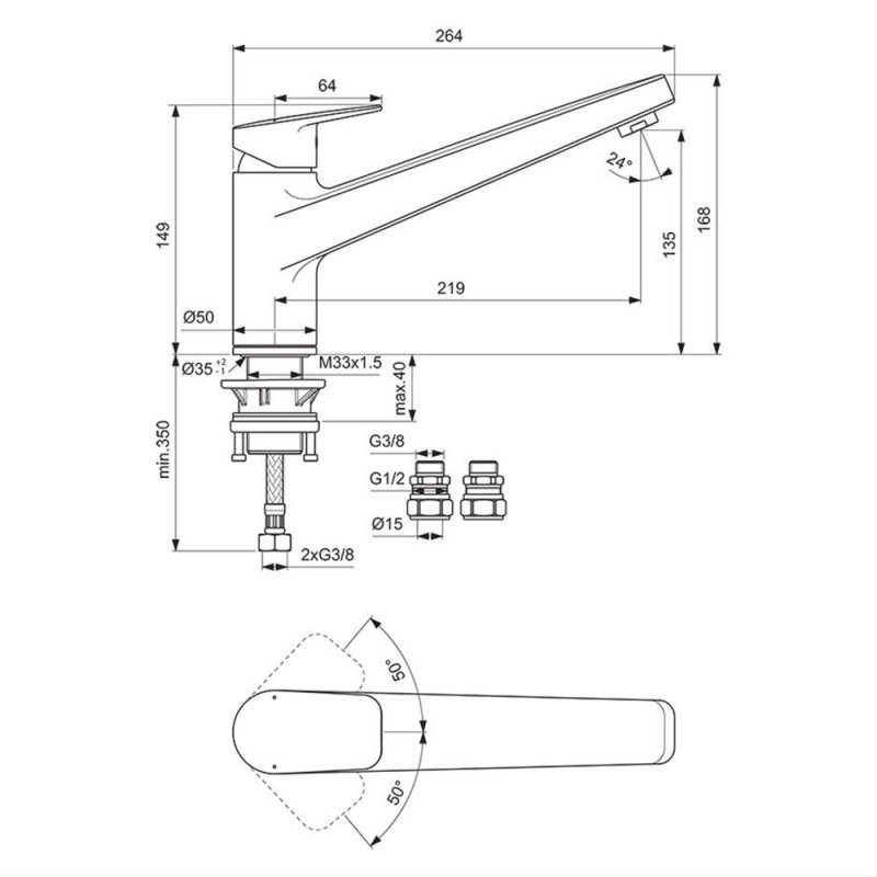 Ideal Standard Ceraplan Chrome Single Lever Low Cast Spout Kitchen Mixer - BD324AA