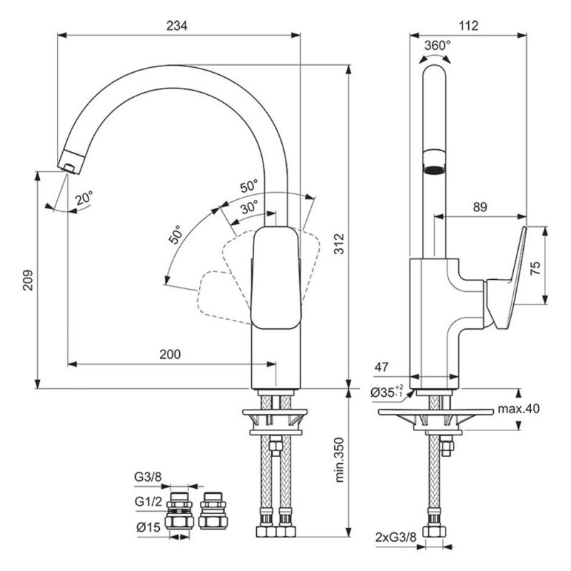 Ideal Standard Ceraplan Chrome Single Lever High Tubular Spout Kitchen Mixer - BD336AA