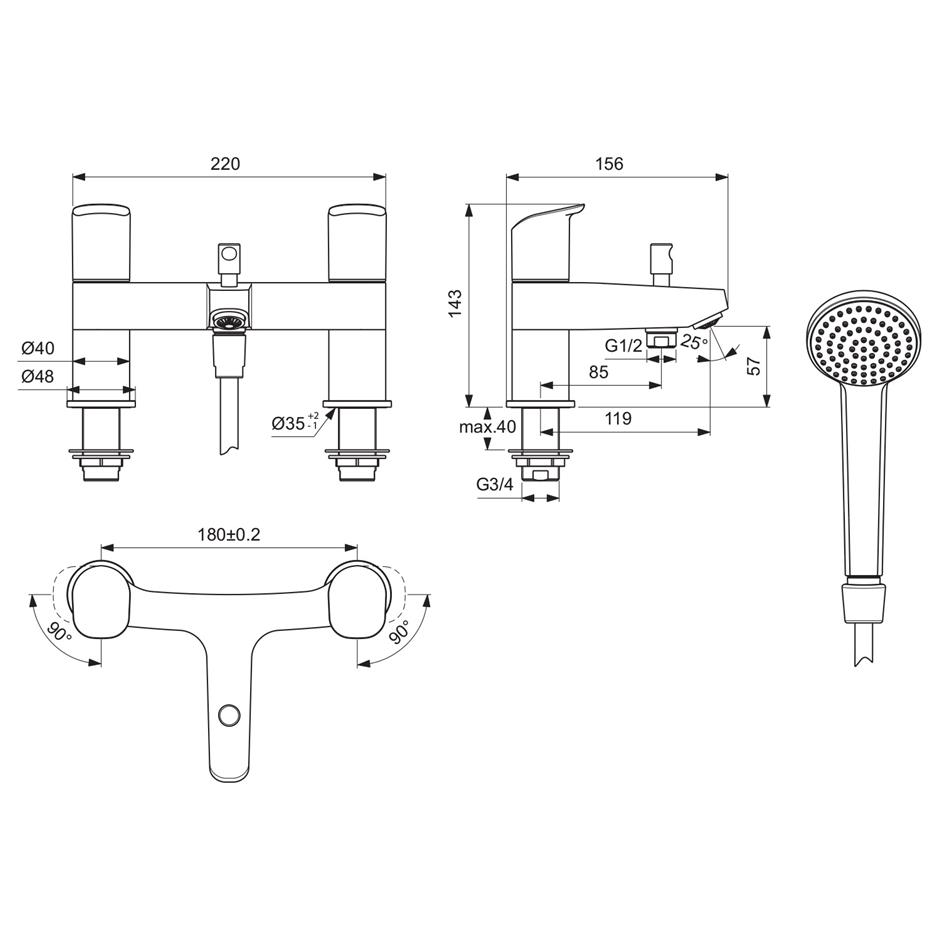 Ideal Standard Ceraflex 2 Hole Bath Shower Mixer - Chrome - B1823AA