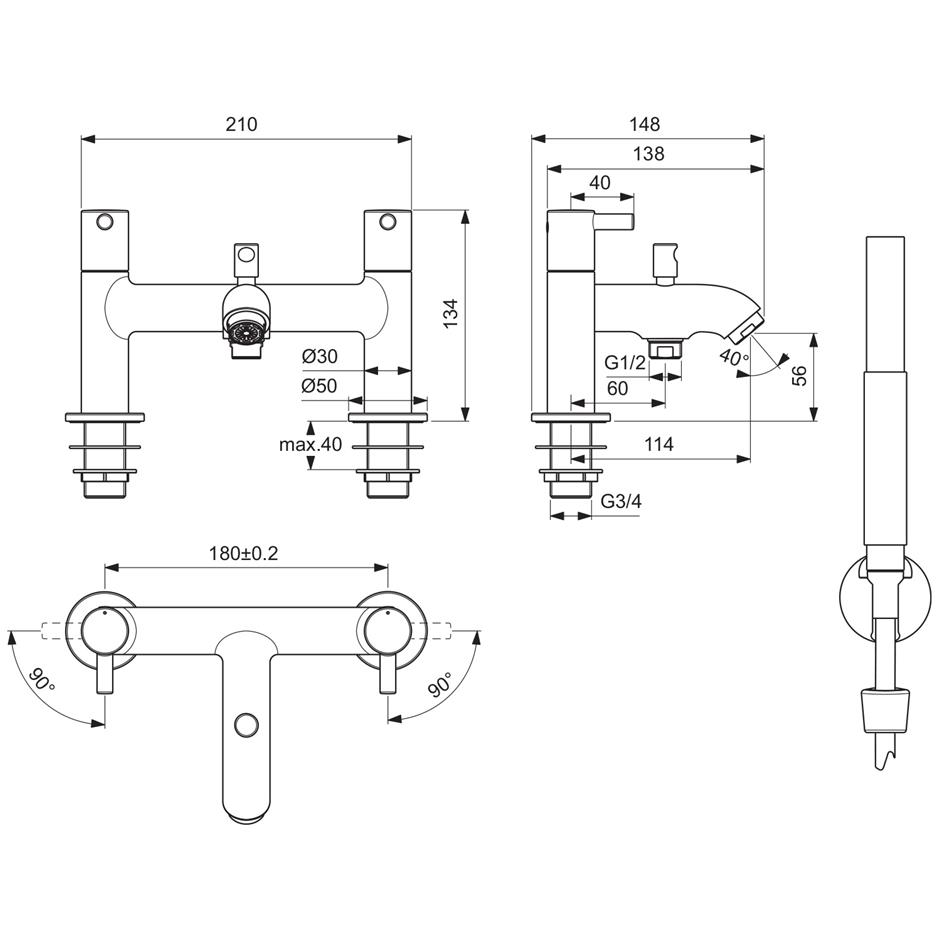 Ideal Standard Ceraline 2 Hole Bath Shower Mixer - Chrome - BC189AA